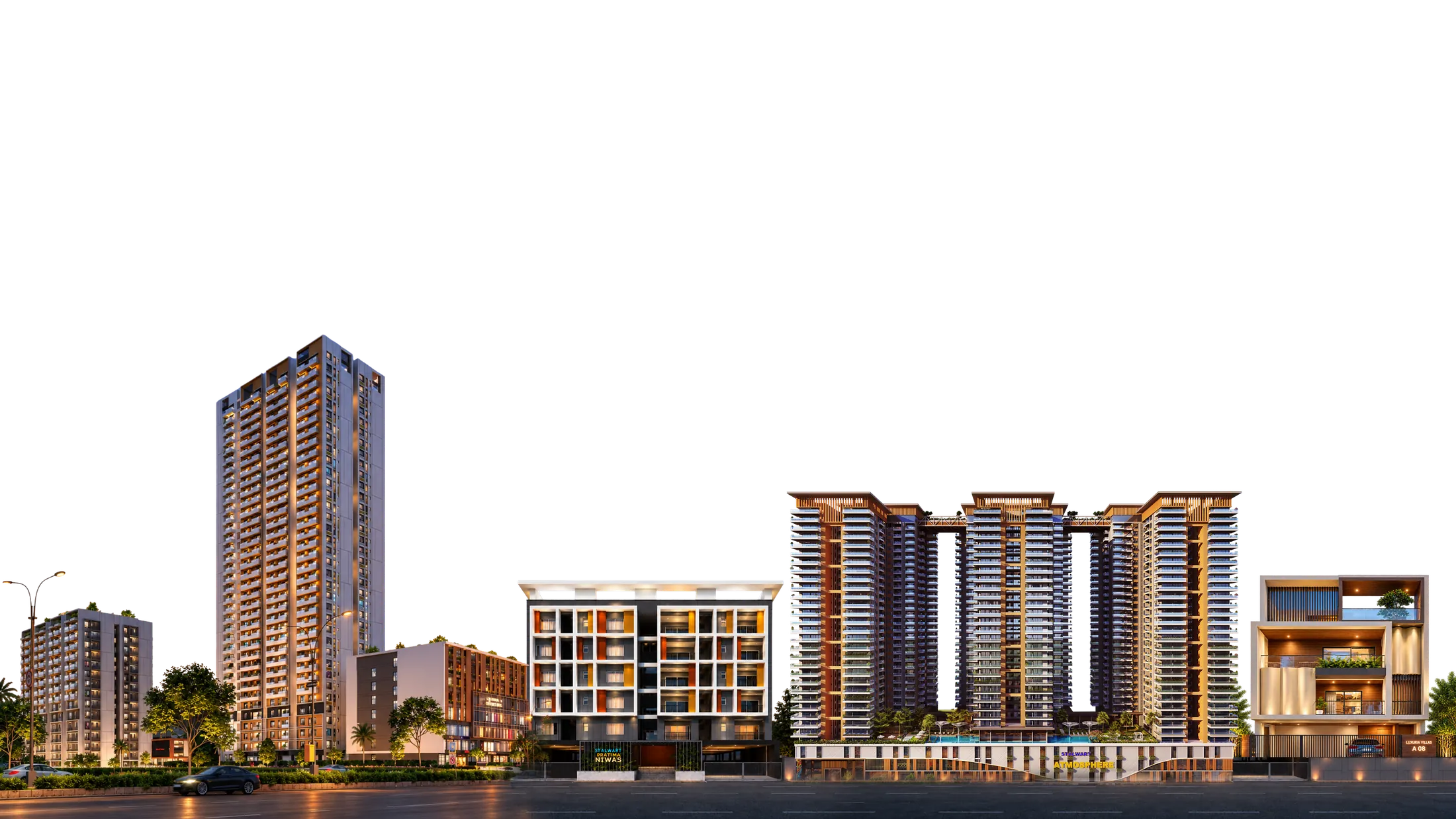 The Stalwart skyline — the group’s residences and villas rendered side by side at dusk