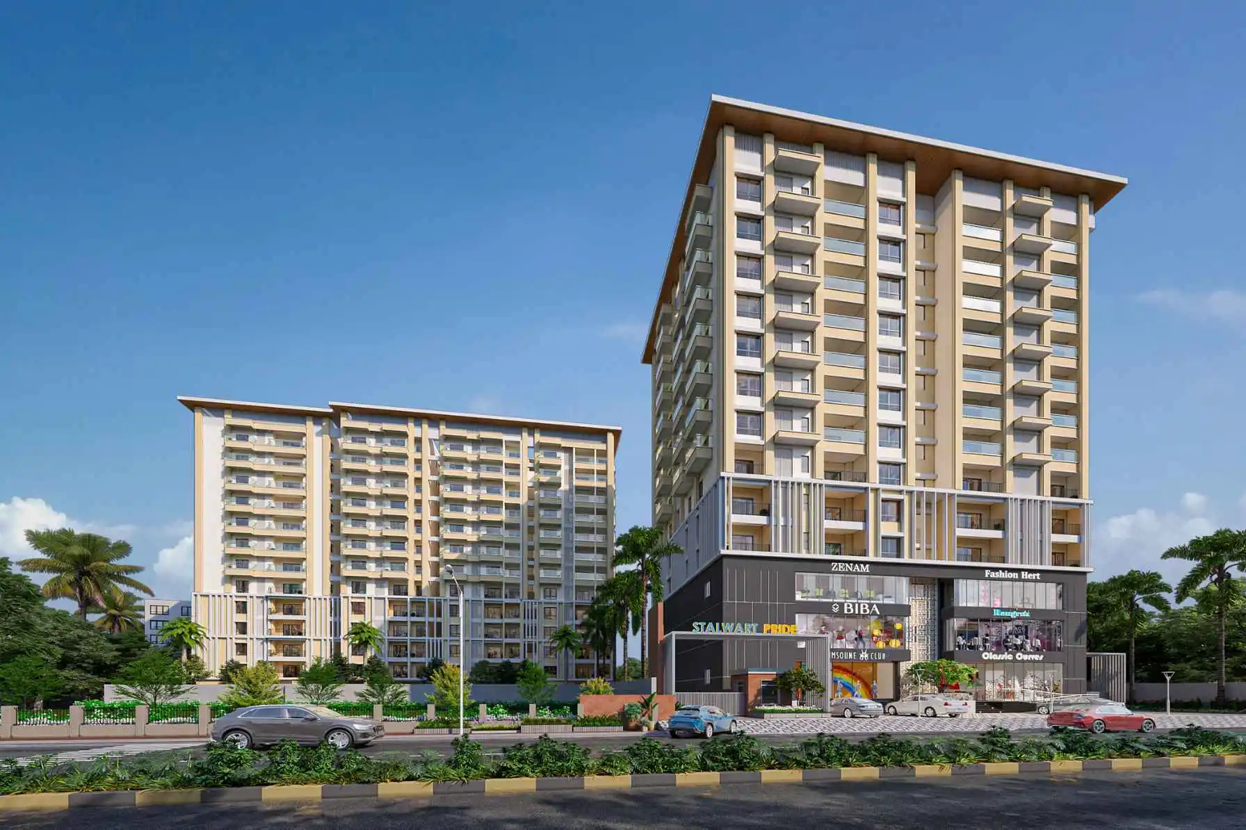 The two blocks of Jyotsna Stalwart Pride seen from the road