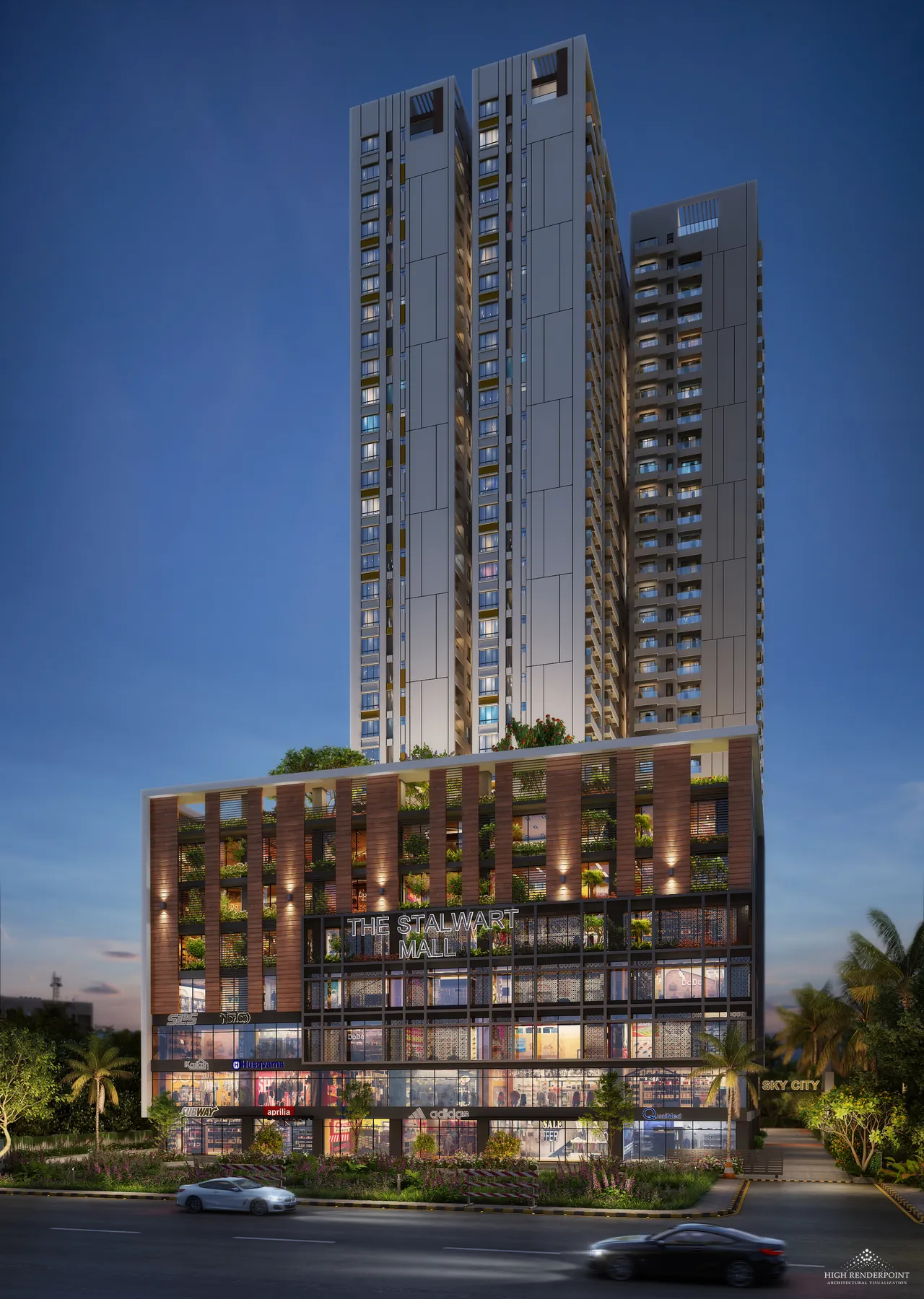 Front elevation at night