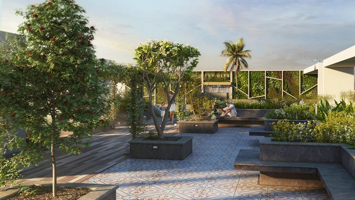 Rooftop terrace and skyline at Stalwart SkyCity